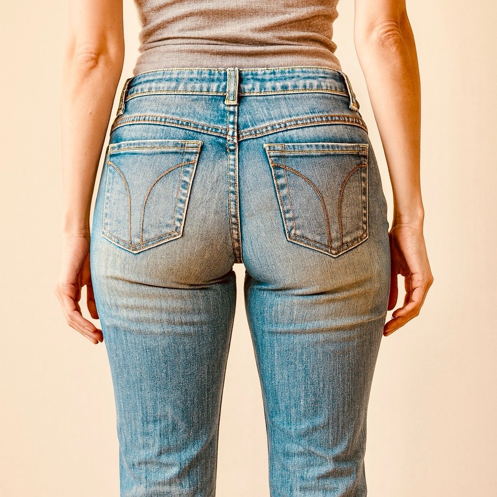 H&M Divided Low Waist Boot Cut Blue Jeans w/ Bright Green Stitching Embellishmen